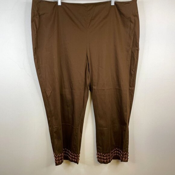 Jones New York CROP Capri Pants Womens 22W 2X Brown BEADED Trim STRETCH Zip - Picture 1 of 12